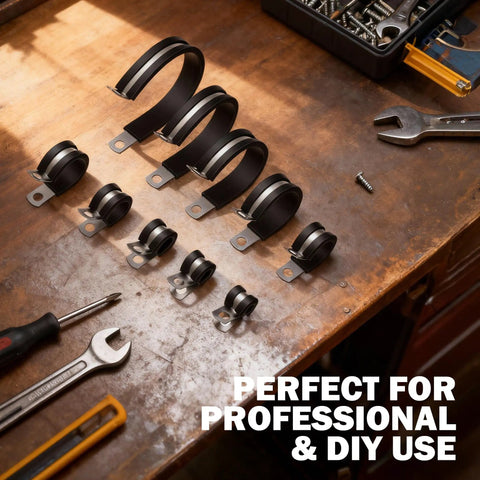 Heavy Duty Cable Clamps Kit, 100 Piece Set in Ten Sizes for Pipe, Hose, and Wire Management, Stainless Steel with Rubber Liner on workbench
