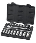 21 Piece Three Eighths Inch Drive Socket Set With 6 And 12 Point Standard And Deep Sockets SAE Mechanics Tool Kit For Pros Durable Chrome Finish Big Readable Size Markings Ideal For Auto Repairs in open black case