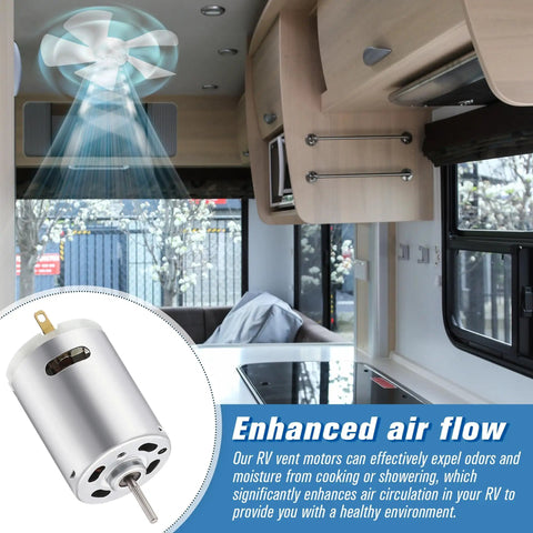 12V DC RV Vent Fan Motor with round shaft showing airflow effect in modern RV interior