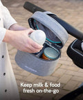 Person using Keep It Chill On The Fly Breastmilk Bottle Cooler Travel Bag With Included Freezing Insert Compact Triple Layered Thermal Carrier.