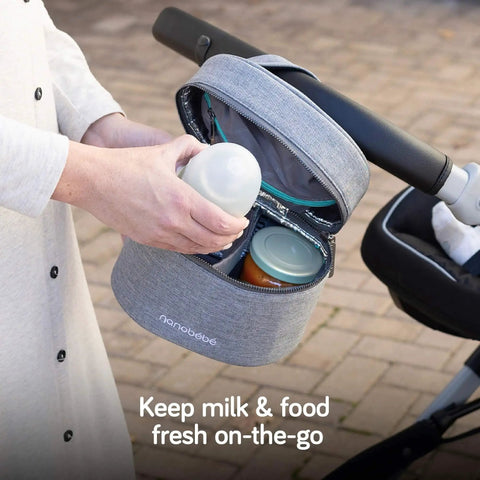 Person using Keep It Chill On The Fly Breastmilk Bottle Cooler Travel Bag With Included Freezing Insert Compact Triple Layered Thermal Carrier.