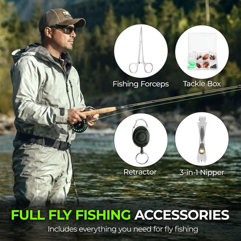 Angler using Complete Fly Fishing Gear Kit With Four Piece Rod And Pre Spool Reel Includes Twelve Flies Leader Nippers Forceps Zinger Carrying Case And An Extra Tip For A Ready To Fish Setup, shown with accessories.