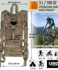 Multicam MOLLE Hydration Carrier for Tactical Backpacks shown with dimensions and cycling activity scene