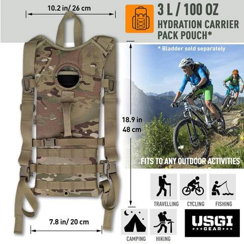 Multicam MOLLE Hydration Carrier for Tactical Backpacks shown with dimensions and cycling activity scene