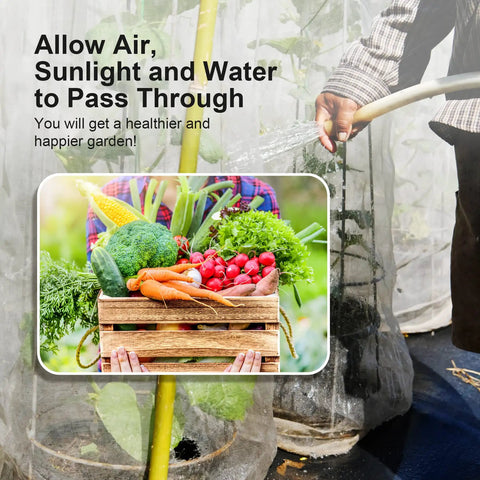 4x10 Ft Garden Bug Barrier Netting For Pest Protection covering plants with gardener watering, fine mesh shield for crops