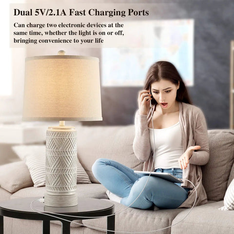 Rustic Ceramic Table Lamps Set Of 2 With 3 Way Dimmable Lighting, Dual USB Ports, Linen Fabric Shade, LED Bulbs Included, lamp on table