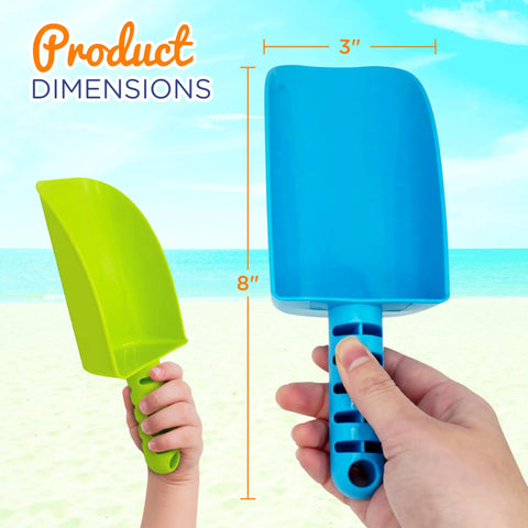 Hands holding green and blue 8-inch plastic beach shovels, showcasing size for 4 Pack Beach Shovels For Kids 8 Inch Heavy Duty Plastic Sand Shovels Great For Beach Toys Sandbox Digging Gardening Toddlers Easter Basket Stuffers Bundle.
