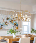 Modern Chandelier With Antique Brass Brush Finish And Geometric Shade, 8 Gold Ring Pendant Light Fixture in dining room