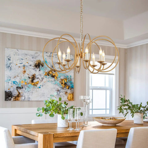 Modern Chandelier With Antique Brass Brush Finish And Geometric Shade, 8 Gold Ring Pendant Light Fixture in dining room