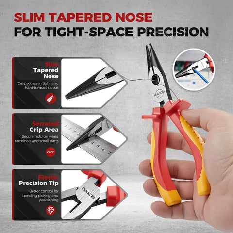 Insulated Needle Nose Pliers, 6 Inch, 1000V VDE Certified, Cr V Steel, Long Narrow Jaws For Tight Spaces, Reaches Into Electrical Boxes And Dense Panels, Pro Grade Tool For Electricians And Wiring Bundles, shown in hand