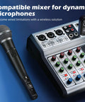 Pro Grade Wireless Microphone System 2.4GHz with mixer and dynamic mic, showcasing receiver and transmitter on audio mixer