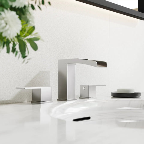 8 Inch Widespread Brushed Nickel Bathroom Faucet With Three Holes And Two Handles Waterfall Style Includes Pop Up Drain Assembly And Metal Supply Lines For Easy Installation And Durable Daily Use shown installed on a white countertop