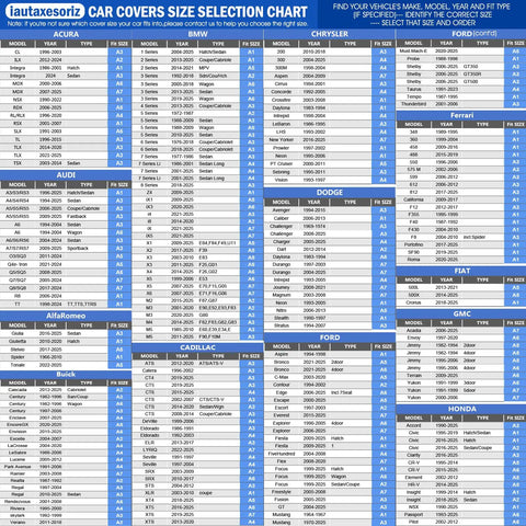 Car covers size selection chart for various vehicle models and types from Acura to Honda.