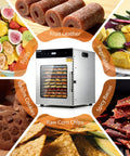 Straight Up Heavy Duty Large Food Dehydrator With Ten Rock Solid Stainless Steel Trays drying assorted fruits, veggie chips, and jerky.
