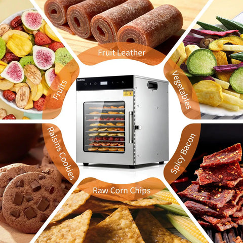 Straight Up Heavy Duty Large Food Dehydrator With Ten Rock Solid Stainless Steel Trays drying assorted fruits, veggie chips, and jerky.