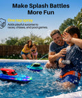 Father and son playing with Two Pack RC Boats For Kids Ready To Race With 7 Mode LED Lights Water Spray in a pool