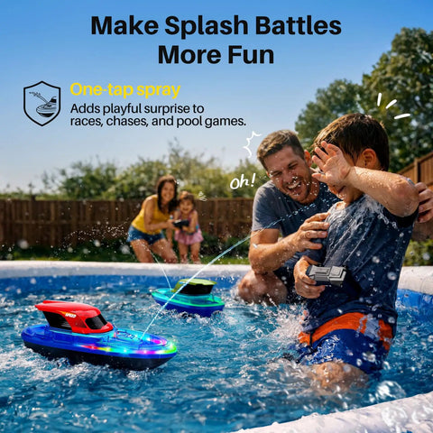 Father and son playing with Two Pack RC Boats For Kids Ready To Race With 7 Mode LED Lights Water Spray in a pool
