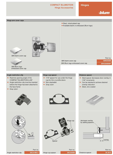 Hinge components overview for Soft Close Compact BLUMOTION 38N Hinge For Face-Frame Cabinets, 105 Degree Opening, Blum 38N355B.08