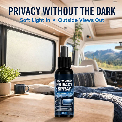 Window Frosting Spray 30ml Anti-Glare Translucent Privacy Agent displayed in an RV, showcasing frosted glass effect.