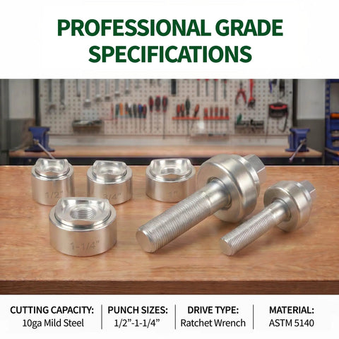 Heavy Duty Ratchet Knockout Punch Kit Includes Four Precision Dies For 1/2 To 1 1/4 Inch Electrical Conduit And Panel Hole Cutting.