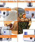 Heavy Duty Automatic Powder Filling Machine And Rock Solid Particle Dispenser For Bulk Flour Grains Seeds Coffee Beans 500g Capacity With Bullseye Accuracy Auto Counting Scale 110v different models collage