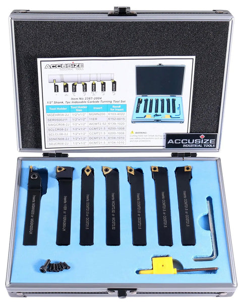 7 Piece Indexable Carbide Lathe Turning Tool Set With One Half Inch Shanks TiN Coated Inserts C6 Grade In A Fitted Aluminum Case For Easy Storage And Quick Tool Changes Pro Grade Shop Ready For Precision Metalworking