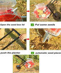 Steps showing Hand Push Roller Seeder Spreader For Lawn And Garden With 14 Hole Row Seed Planter in action