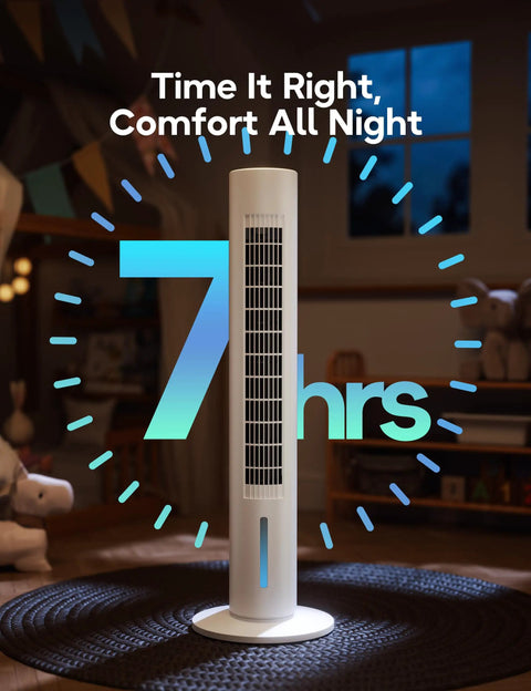 3 in 1 Windowless Portable Air Conditioner And Evaporative Cooler in bedroom, 7-hour timer highlighted, white compact design.