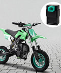 5 Pin AC CDI Box For 50cc To 135cc Chinese ATVs Dirt Bikes Quads And Go Karts With Universal AC Fired CDI Unit 5 Pin Male Plug Easy Install Plug And Play And Broad Engine Compatibility next to a green dirt bike on a paved surface.