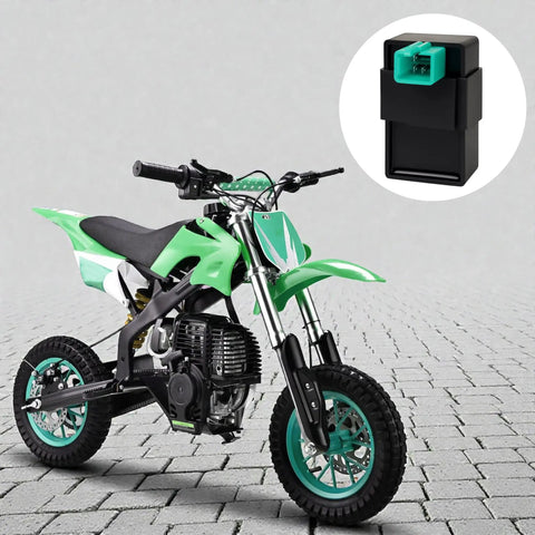 5 Pin AC CDI Box For 50cc To 135cc Chinese ATVs Dirt Bikes Quads And Go Karts With Universal AC Fired CDI Unit 5 Pin Male Plug Easy Install Plug And Play And Broad Engine Compatibility next to a green dirt bike on a paved surface.
