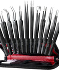 Grab And Go All In One 12 Pack Precision Tweezers Set With Case, black metal tweezers in open zippered case.