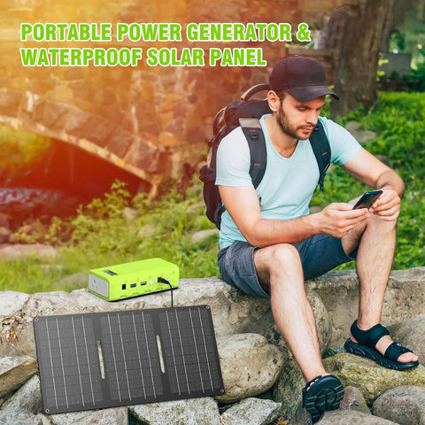 Person using phone with Portable Solar Generator Kit 24000mAh 65W Power Station With Panel Included 110V AC Outlet 88Wh nearby
