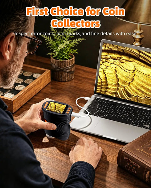 Explore Tiny Worlds With A 1000x Coin Microscope With Built In Lights 2 Inch LCD Display 8 Adjustable LEDs Portable Rechargeable Handheld Magnifier For Coins Gems Jewelry And More Works With Windows And Mac on desk