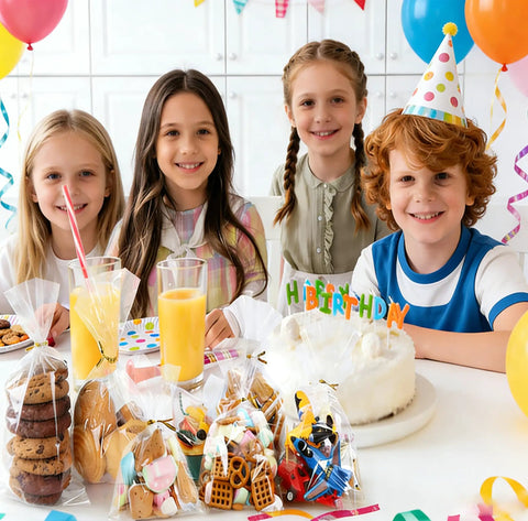 Children at a birthday party with Clear Cellophane Treat Bags 200 Pack 6X10 Inch With Gold Twist Ties filled with snacks.