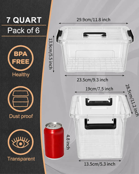 Six Pack Clear Plastic Storage Bins With Lids 7 Quart Stackable Containers Featuring Secure Buckle Seals And Sturdy Handles For A Big Time Clean Room Refresh That Is A Legit Game Changer Day One