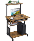 3 Tier Rolling Computer Desk With Keyboard Tray And Printer Shelf For Small Spaces Rustic Brown, side view with accessories
