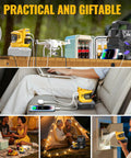 Collage showcasing DeWALT 20V Battery Compatible 200W Power Inverter for camping and power outages in various outdoor settings.
