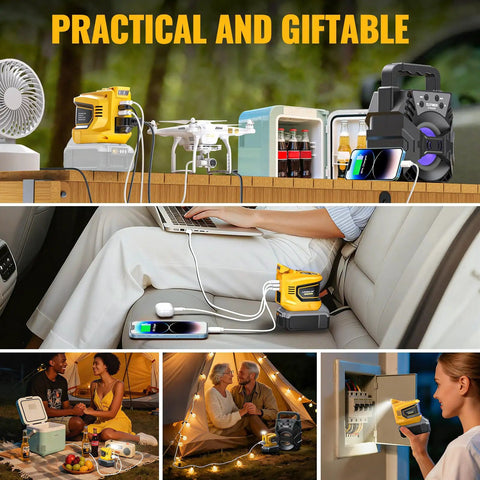 Collage showcasing DeWALT 20V Battery Compatible 200W Power Inverter for camping and power outages in various outdoor settings.