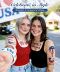 Two people with Fourth of July themed face tattoos and bracelets celebrating outdoors.