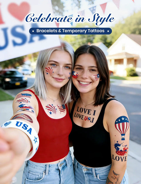Two people with Fourth of July themed face tattoos and bracelets celebrating outdoors.