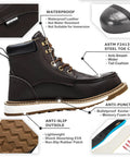 Side view of Waterproof Steel Toe Work Boots For Men 6 Inch Leather Moc Toe Non Slip Construction Safety Boots Size 14 Dark Brown Durable Boots With Kevlar Midsole And Protection For Tough Jobs, showcasing features like waterproof leather, Kevlar midsole, and non-slip outsole.