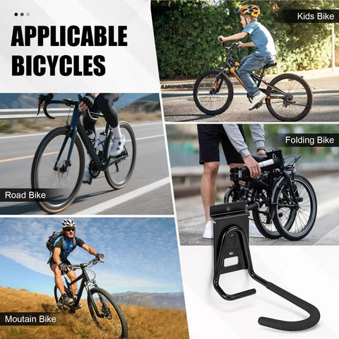 Slatwall Bike Hooks Heavy Duty PVC Coated Wall Mount Vertical Bicycle Storage Rack Four Pack For Garage Shed Or Apartment Easy One Minute Hang Built Tough And Secure showcasing various bike types including road, mountain, and kids bikes.