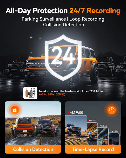G900 Tripro Bumper 3 Channel 4K Mirror Dash Cam With 8MP STARVIS 2 IMX678 Night Vision showing collision detection feature