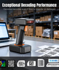 Wireless 1D And 2D QR Barcode Scanner with Display Screen, Battery Level Indicator, time display, Bluetooth and charging cradle in warehouse.