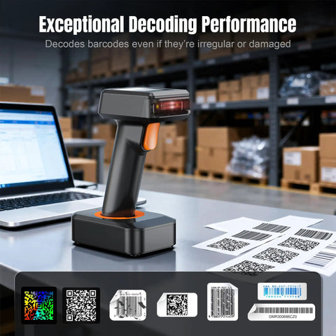 Wireless 1D And 2D QR Barcode Scanner with Display Screen, Battery Level Indicator, time display, Bluetooth and charging cradle in warehouse.