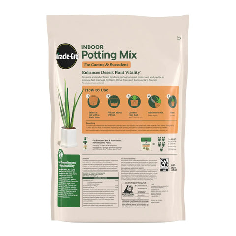Top Shelf Indoor Potting Mix For Cactus And Succulents Featuring Sweet Roots Development With Rapid Drainage Sand Perlite And Peat Moss Formula Plus Loaded Plant Food For Ace Houseplants In 8 Quart Packs bag with instructions.