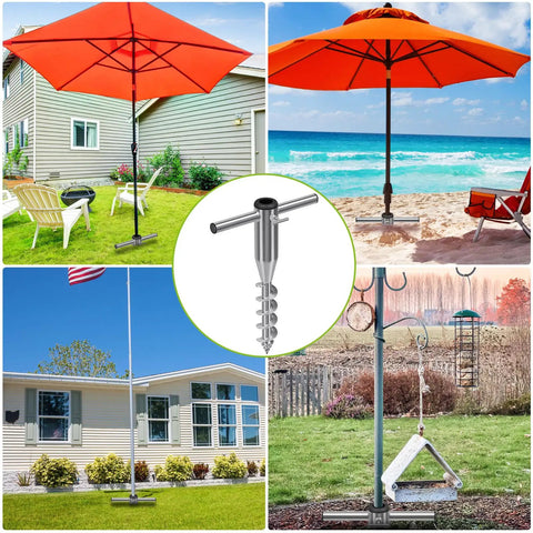 Heavy Duty Beach Umbrella Sand Anchor for Grass and Sand, Windproof In-Ground Base, with umbrellas on grass and beach.