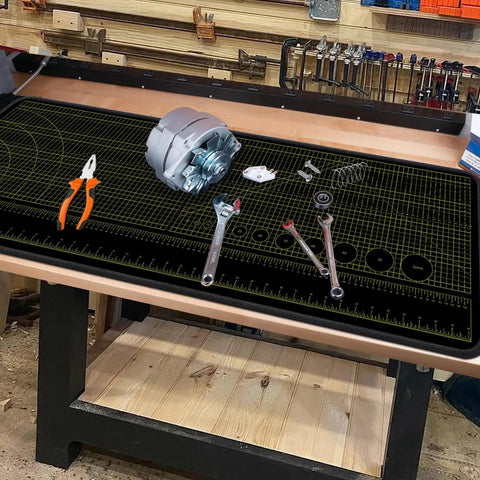 Premium Portable Workbench Mat 43.31 By 15.75 Inches With Non Slip Surface And Dual Measuring Scales With Angle Guides on workbench