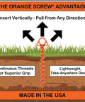 Illustration of screw-in anchor demonstrating vertical insert and pull from any direction. Made in the USA. Orange design.
