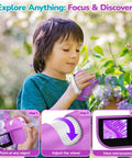 Kid Friendly Digital Microscope Handheld Miniscope With 4K 2.0 Inch Screen Rechargeable Portable Magnifier 1000x Zoom STEM Learning Toy Gift With Slides Kit For 4 To 12 Year Olds Violet, child using it outdoors
